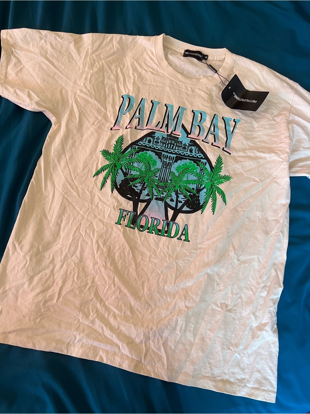 PrettyLittleThing White Tee with Teal & Green Palm Print